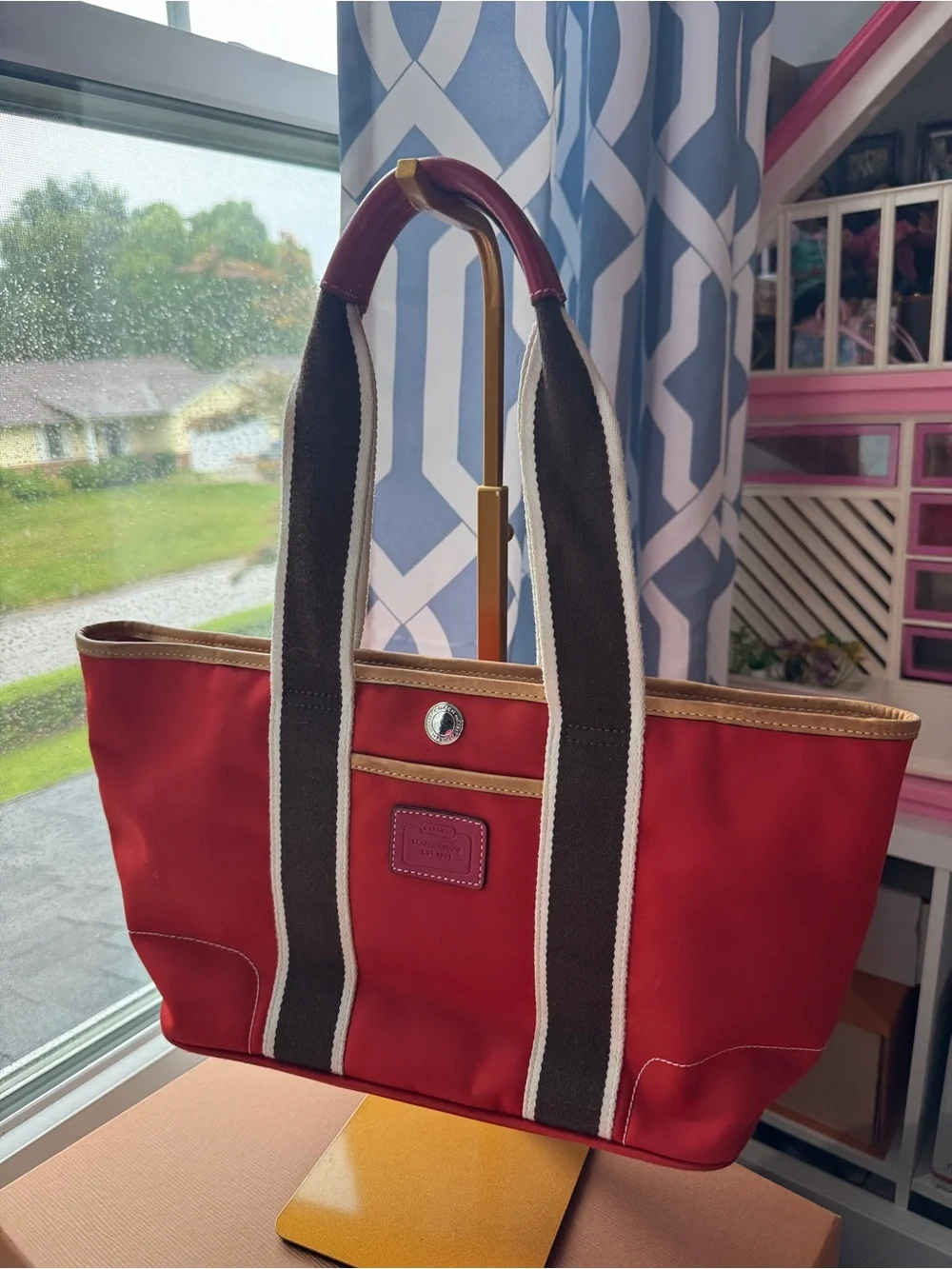 Coach Red and White Signature Print Tote Small Hampton tote 6261